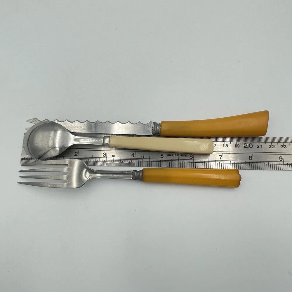 Vintage Bakelite Handle Flatware LOT Knife Fork Spoon Butterscotch Cream Brown